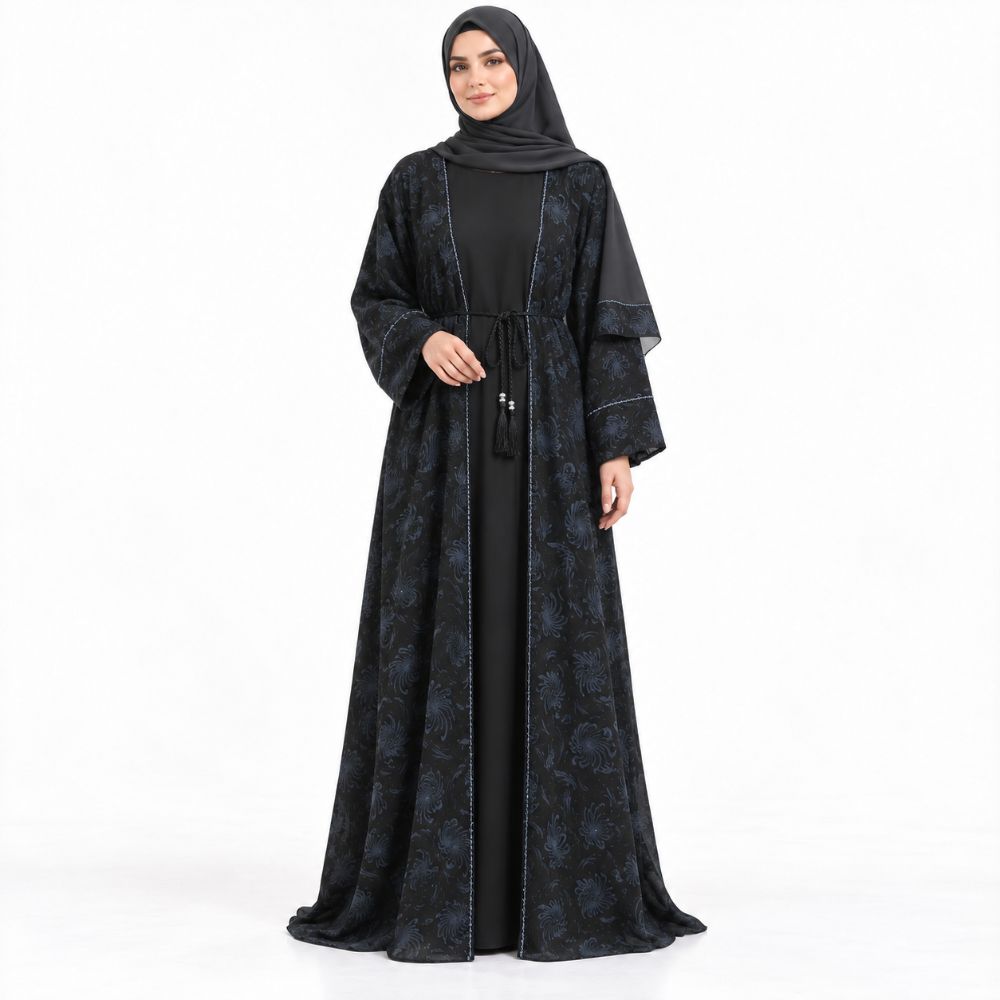 Black Floral Chiffon 4-Piece Abaya Set with Stone Detailing