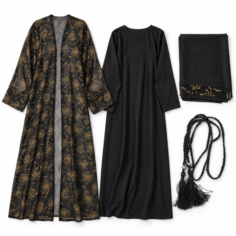 Black Floral Chiffon 4-Piece Abaya Set with Stone Detailing