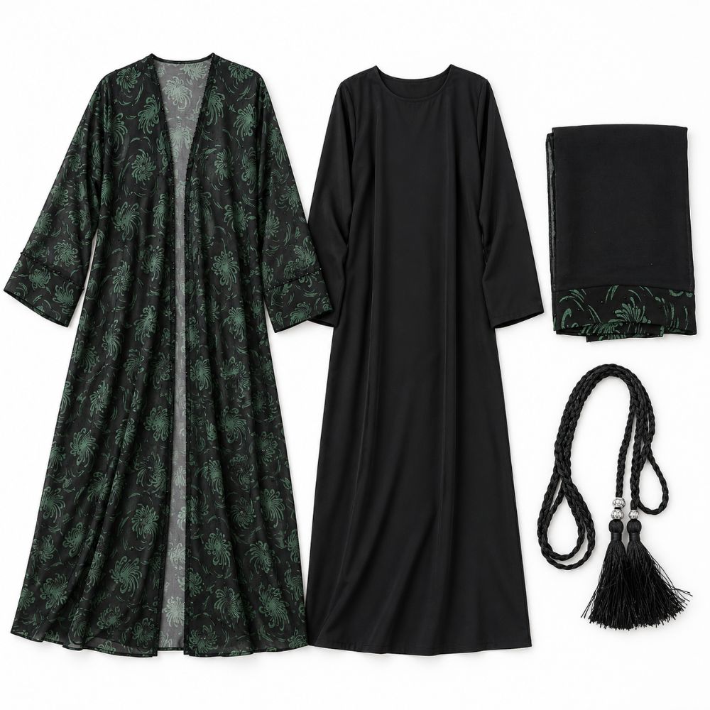 Black Floral Chiffon 4-Piece Abaya Set with Stone Detailing