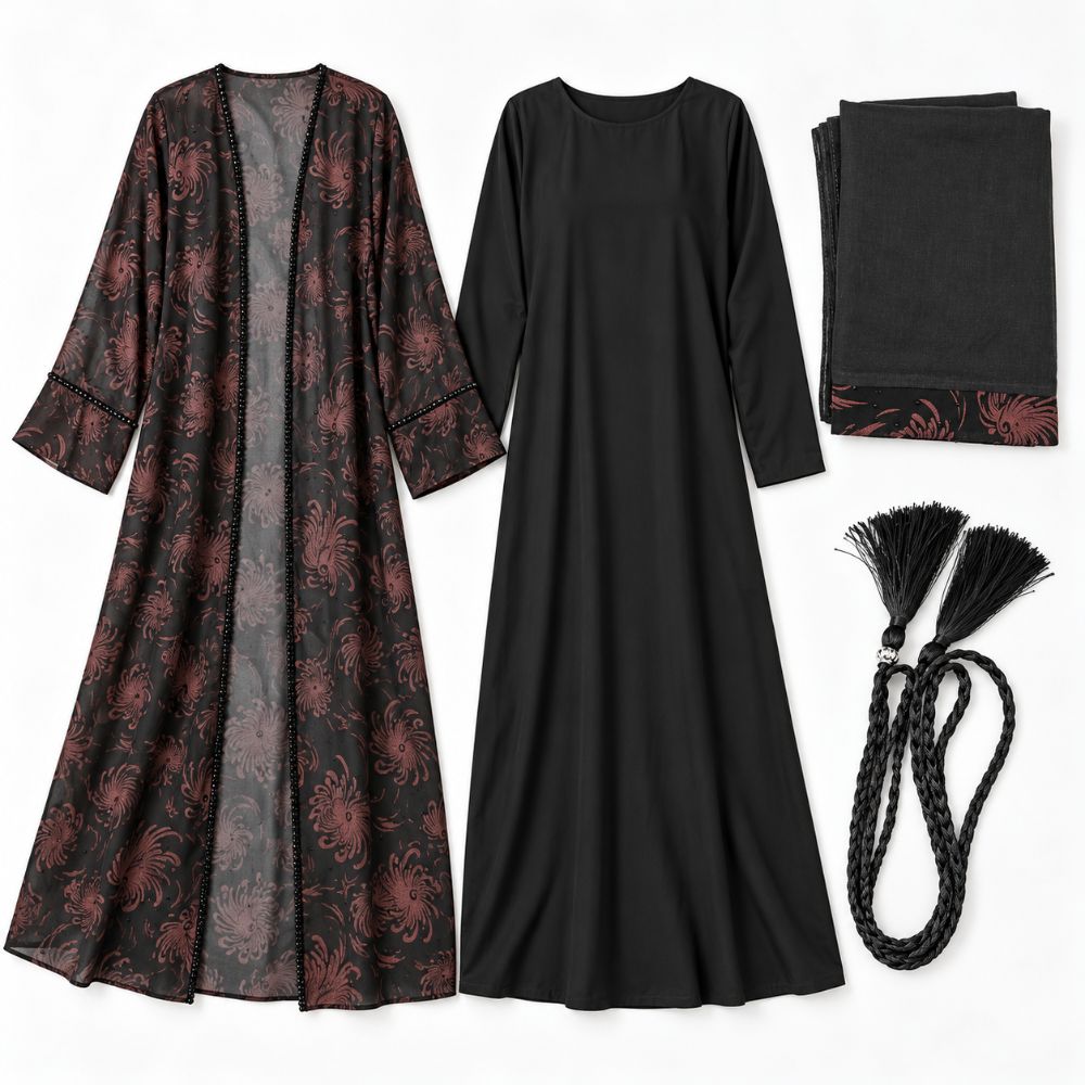 Black Floral Chiffon 4-Piece Abaya Set with Stone Detailing