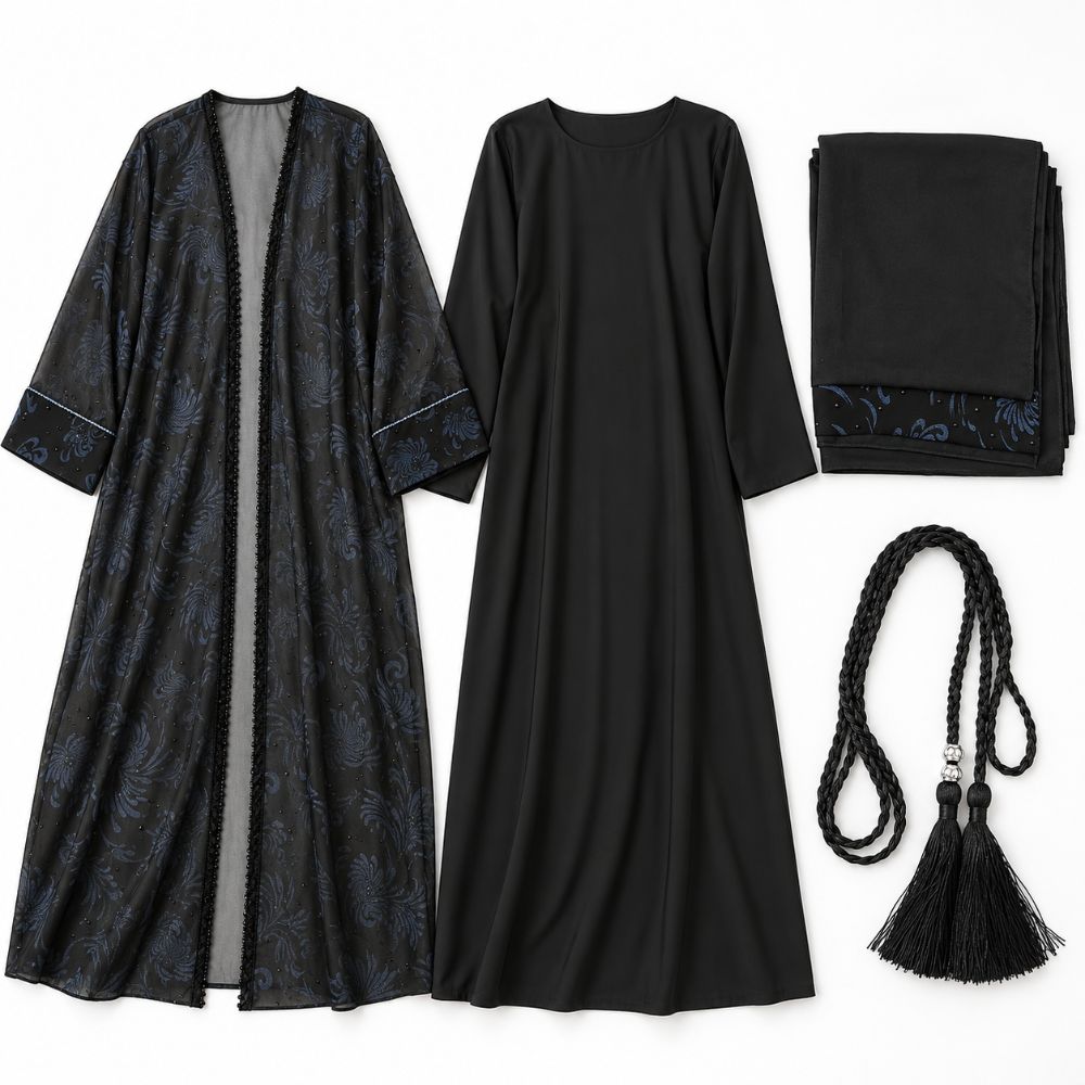 Black Floral Chiffon 4-Piece Abaya Set with Stone Detailing