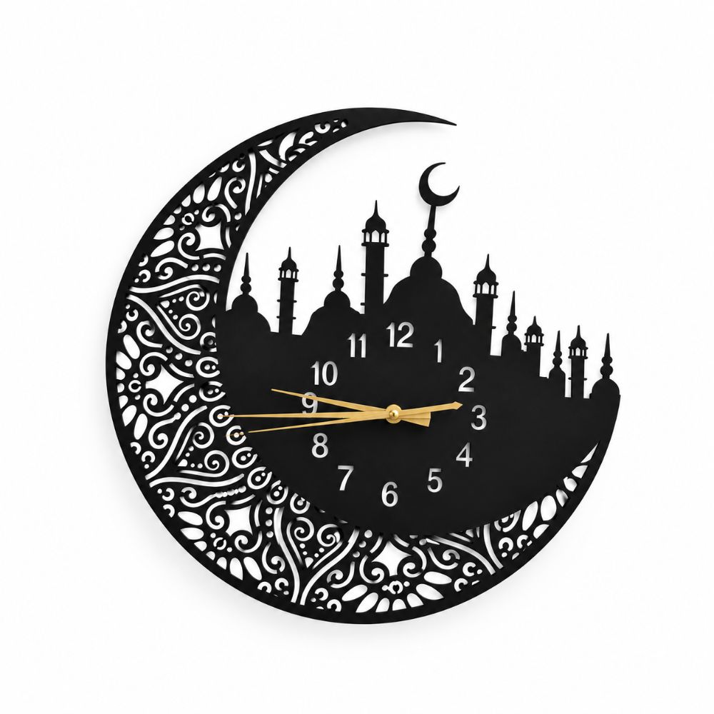 Islamic Wall Clock with Arabic Calligraphy &ndash; Black Geometric Muslim Home D&eacute;cor